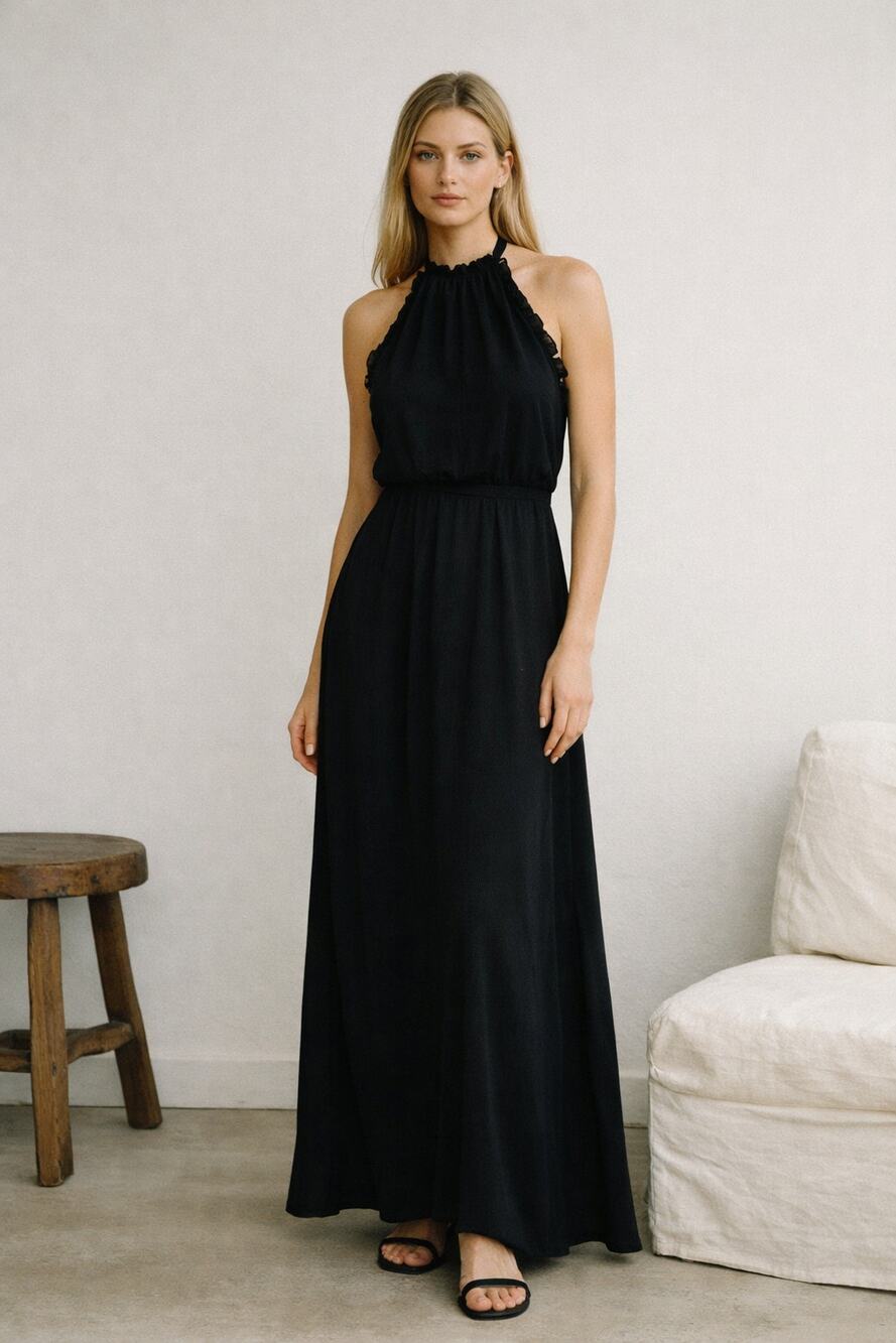 Reformation Black Halter Maxi Dress Open Back Ruffle Minimalist 90s Core Small